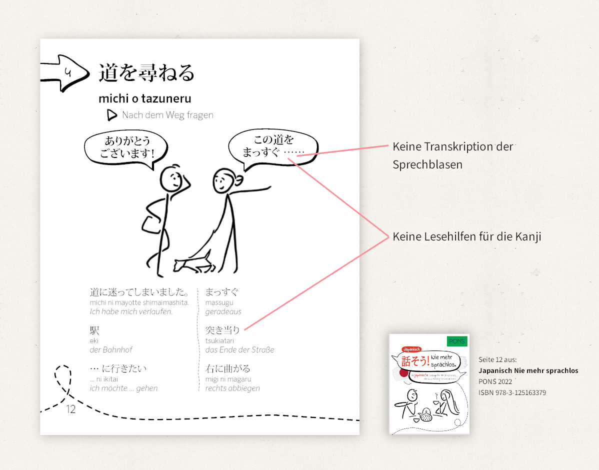 Screenshot einer Buchseite, der zeigt, dass die Umschrift für die Kanji fehlt